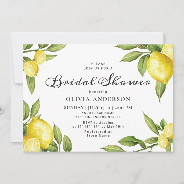 Invitación Lemons Moda Greenery Watercolour Bridal Shower (Anverso)