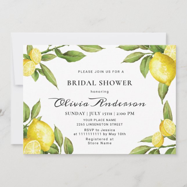 Invitación Lemons Moda Greenery Watercolour Bridal Shower (Anverso)