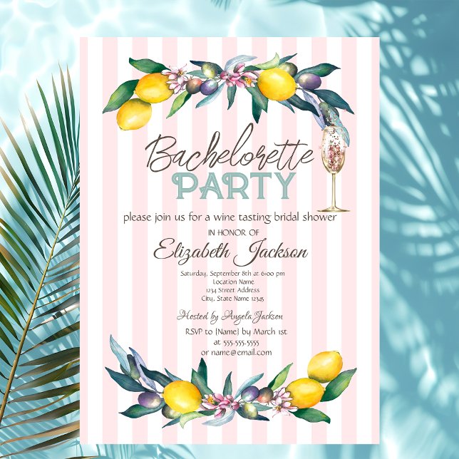 Invitación Lemons Olives Glass Rayas rosas Bachelorette (Subido por el creador)