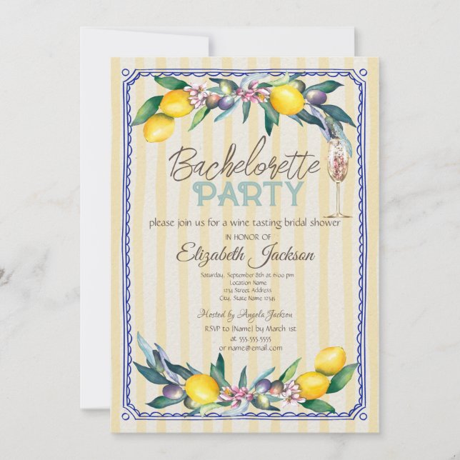 Invitación Lemons Olives Glass Yellow Stripes Bachelorette (Anverso)