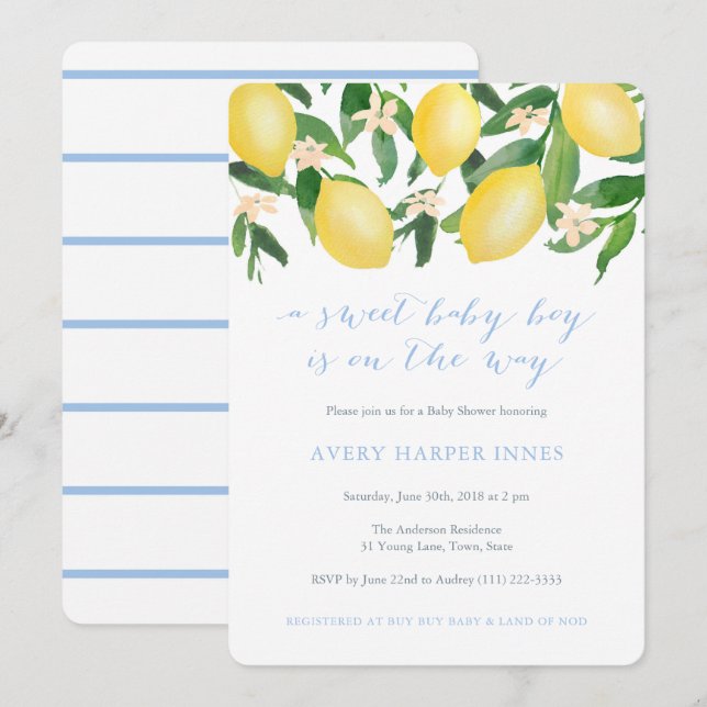 Invitación Lemons Powder Blue Sweet Boy Baby Shower (Anverso / Reverso)