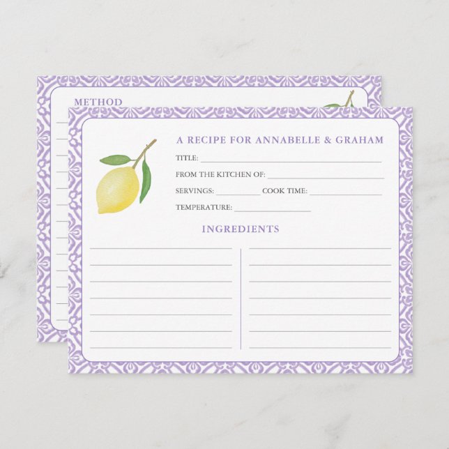 Invitación Lemons Purple Text Bridal Shower Recipe Card (Anverso / Reverso)