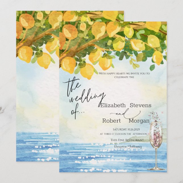 Invitación Lemons Sea Champagne Glass Boda (Anverso / Reverso)