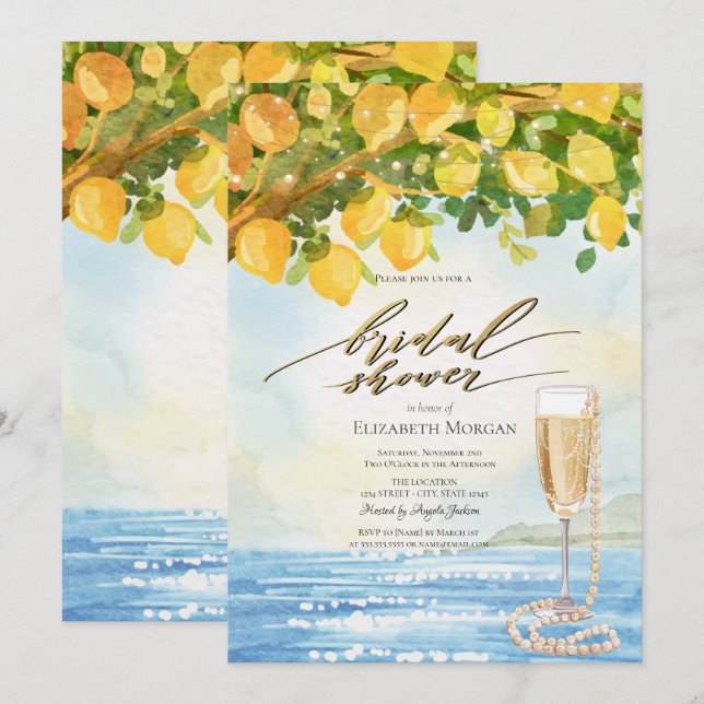 Invitación Lemons Sea Prosecco & Pearls Bridal Shower (Anverso / Reverso)