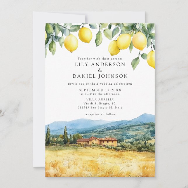 Invitación Lemons Tuscan Scene Italian All In One Wedding (Anverso)