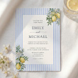 Invitación Lemons With Blue Stripes Citrus Wedding Invitation<br><div class="desc">Invite guests to an elegant Italian Mediterranean summer themed wedding with this sophisticated stationery suite. The design features watercolor lemons and lush green foliage set against a classic blue and white vertical stripe pattern. This suite is perfect for couples planning a coastal destination wedding, Amalfi inspired ceremony or an orchard...</div>