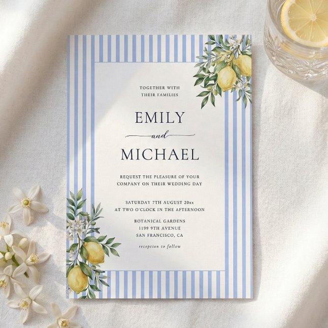 Invitación Lemons With Blue Stripes Citrus Wedding Invitation (Subido por el creador)