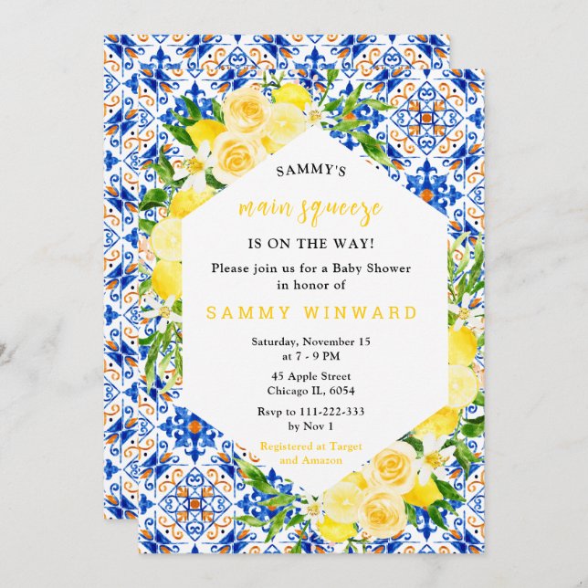 Invitación Lemons with Foliage Mediterranean Baby Shower (Anverso / Reverso)