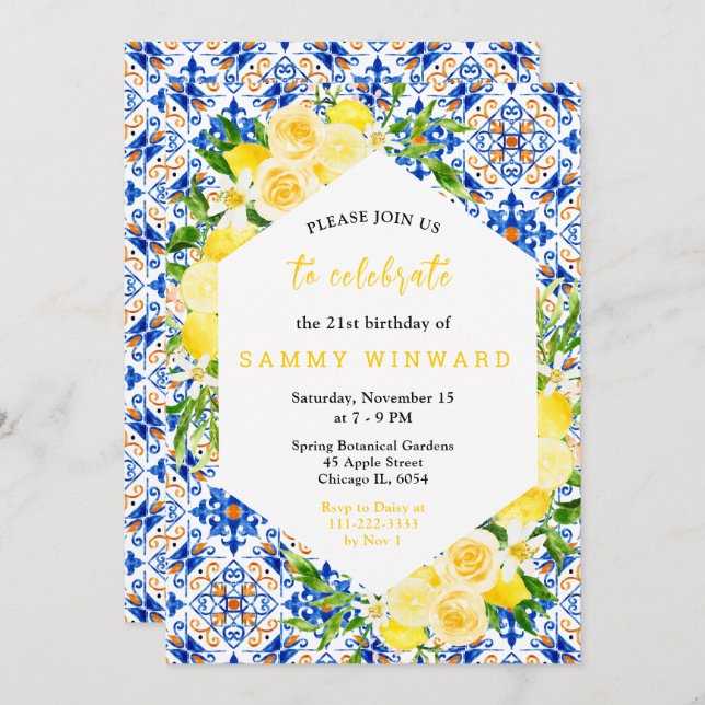 Invitación Lemons with Foliage Mediterranean Birthday (Anverso / Reverso)