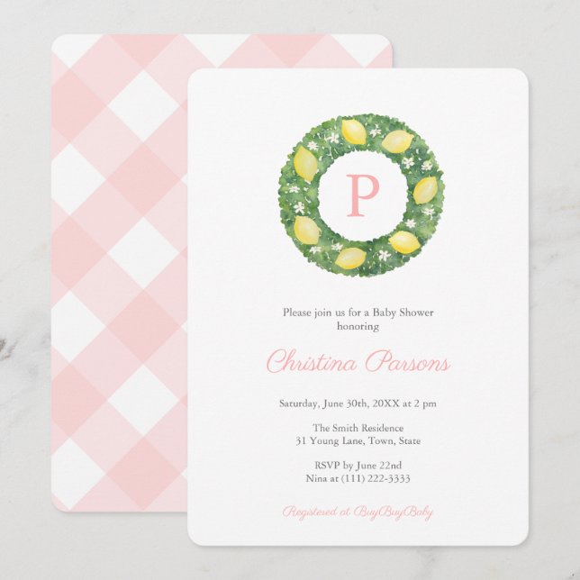 Invitación Lemons Wreath Stylish Chica Baby Shower (Anverso / Reverso)