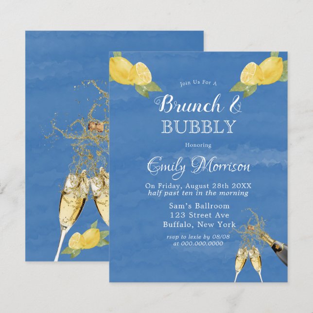 Invitación Lemons y Blue Watercolor Brunch & Bubbly (Anverso / Reverso)