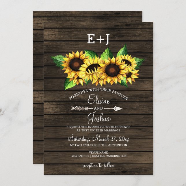Invitación leña de grano Sunflowers Country Rústico Boda (Anverso / Reverso)