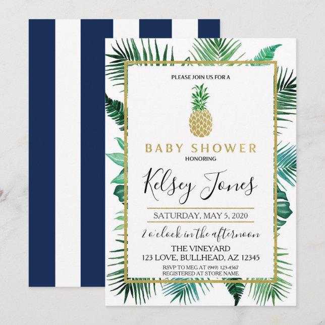 Invitación Leña Tropical Naval de piña y franja blanca (Anverso / Reverso)