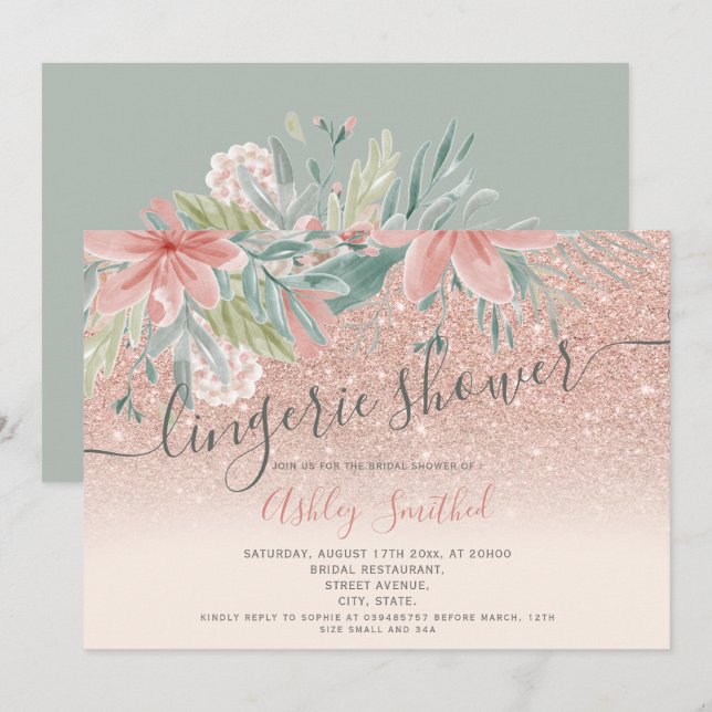 Invitación Lenguaje acuático floral purpurina ducha de novia (Anverso / Reverso)
