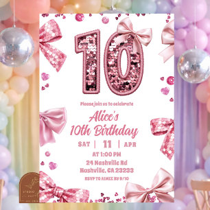 Invitación Lentejuelas Arco Rosa Cumpleaños Doble Dígito 10 N