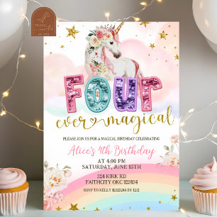 Invitación Lentejuelas brillo Unicornio mágico 4to cumpleaños