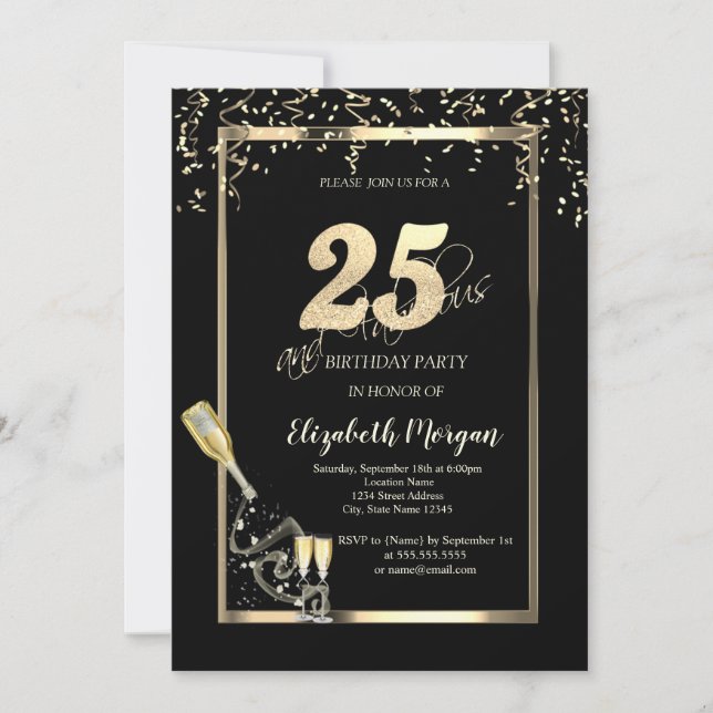 Invitación Lentejuelas Doradas, Botella de Cava Cumpleaños 25 (Anverso)