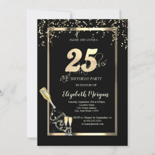 Invitación Lentejuelas Doradas, Botella de Cava Cumpleaños 25