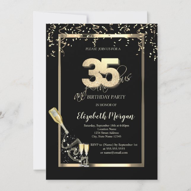 Invitación Lentejuelas Doradas, Botella de Cava Cumpleaños 35 (Anverso)