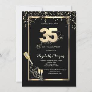 Invitación Lentejuelas Doradas, Botella de Cava Cumpleaños 35