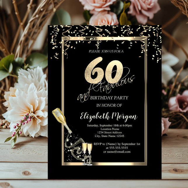 Invitación Lentejuelas Doradas, Botella de Cava Cumpleaños 60 (Subido por el creador)