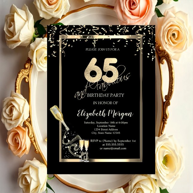 Invitación Lentejuelas Doradas, Botella de Cava Cumpleaños 65 (Subido por el creador)