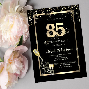 Invitación Lentejuelas Doradas, Botella de Cava Cumpleaños 85