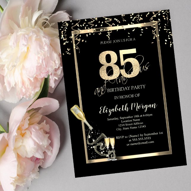 Invitación Lentejuelas Doradas, Botella de Cava Cumpleaños 85 (Subido por el creador)