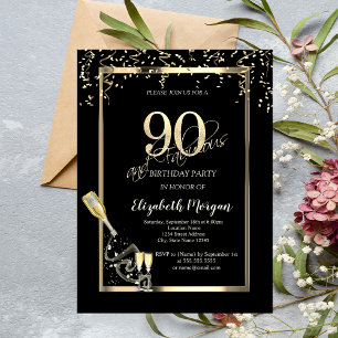 Invitación Lentejuelas Doradas, Botella de Cava Cumpleaños 90