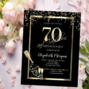 Invitación Lentejuelas doradas, Botella de vino 70 cumpleaños