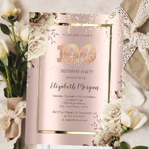 Invitación Lentejuelas Doradas, Flores Rosa Dorado Cumpleaños