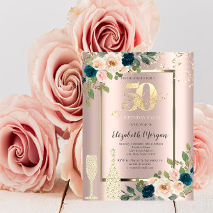 Invitación Lentejuelas doradas, Rosas Azules Champán 50 Cumpl