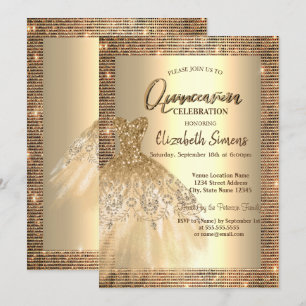 Invitación Lentejuelas doradas, vestido chic Quinceañera