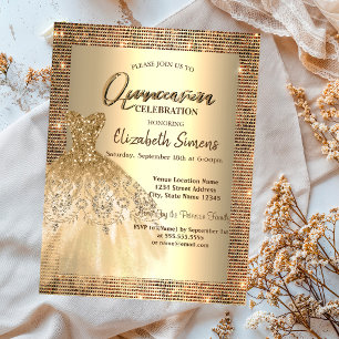 Invitación Lentejuelas doradas, vestido chic Quinceañera