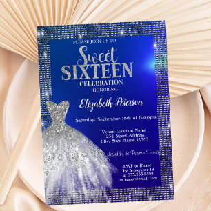 Invitación Lentejuelas plateadas, vestido azul Sweet 16 