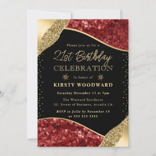Invitación Lentejuelas rojas y doradas de invierno Cumpleaños