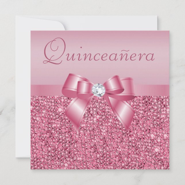Invitación Lentejuelas y arco impresos rosa Quinceanera (Anverso)