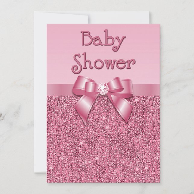 Invitación Lentejuelas y chicas rosados impresos Baby Shower (Anverso)