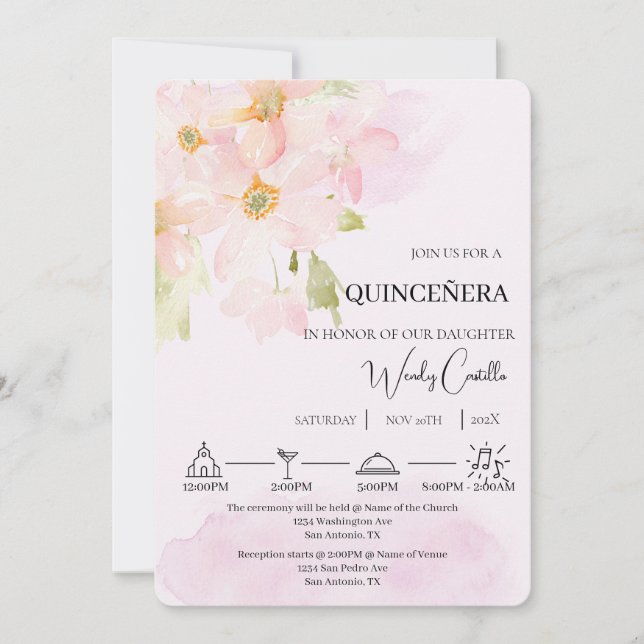 Invitación Lentilera rosada quinceañera (Anverso)