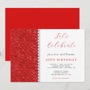 Invitación Lentillas y Diamantes Rojo Cumpleaños de Lujo