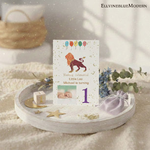 Invitación Leo First Birday Gold, Globos y Foto