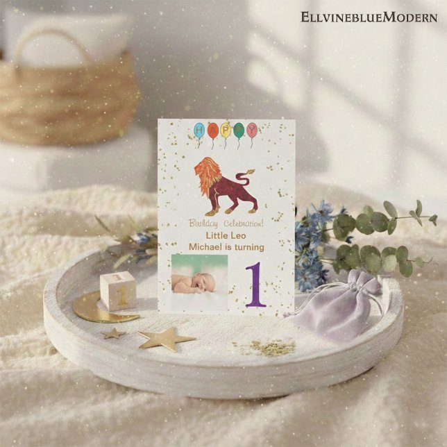 Invitación Leo First Birday Gold, Globos y Foto (Subido por el creador)