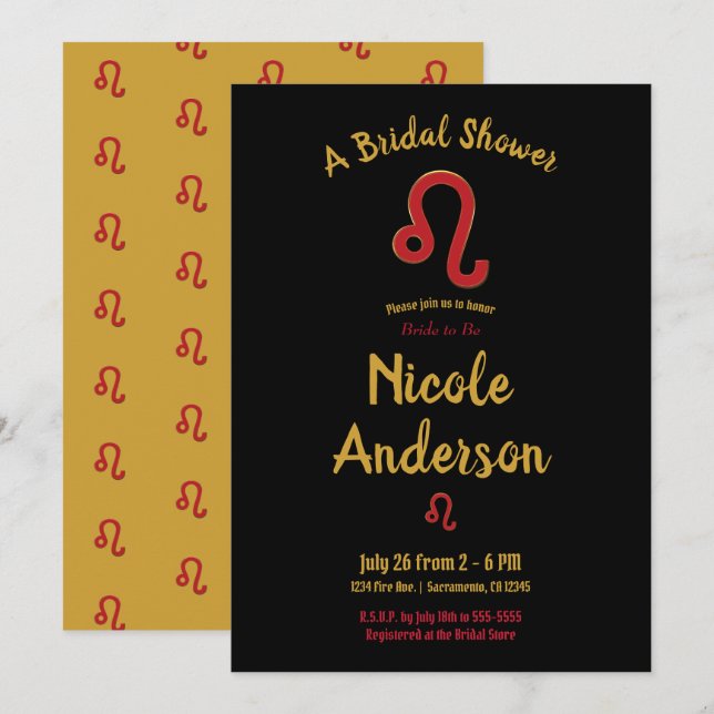 Invitación LEO Zodiac Astrología Julio Agosto Ducha Bridal (Anverso / Reverso)