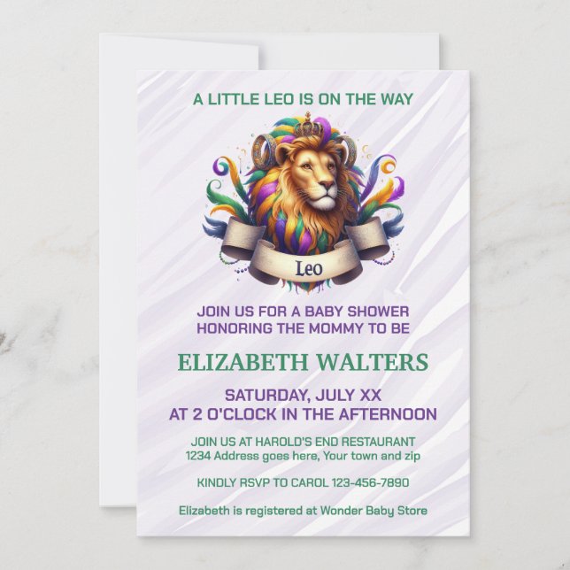 Invitación Leo Zodiac Baby Shower Lavender and Green (Anverso)