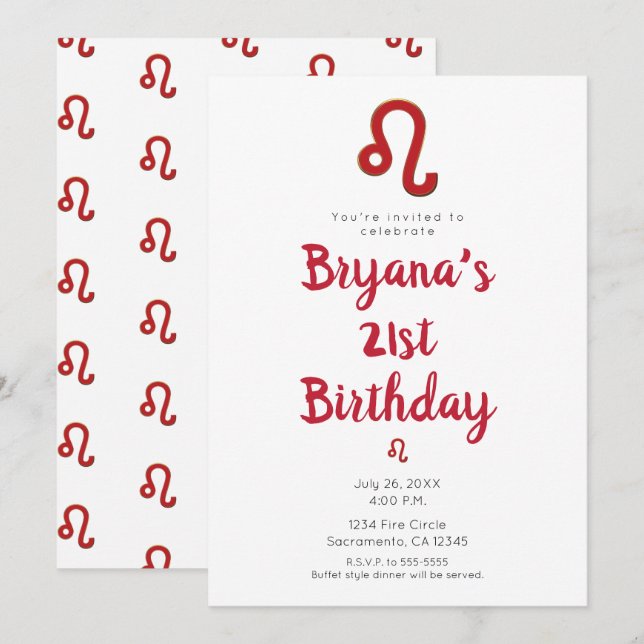 Invitación LEO Zodíaco Astrología Fiesta de Cumpleaños Julio  (Anverso / Reverso)