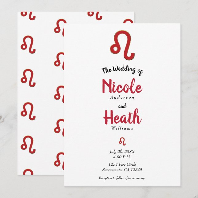 Invitación LEO Zodíaco Rojo Astrología Boda Julio Agosto (Anverso / Reverso)