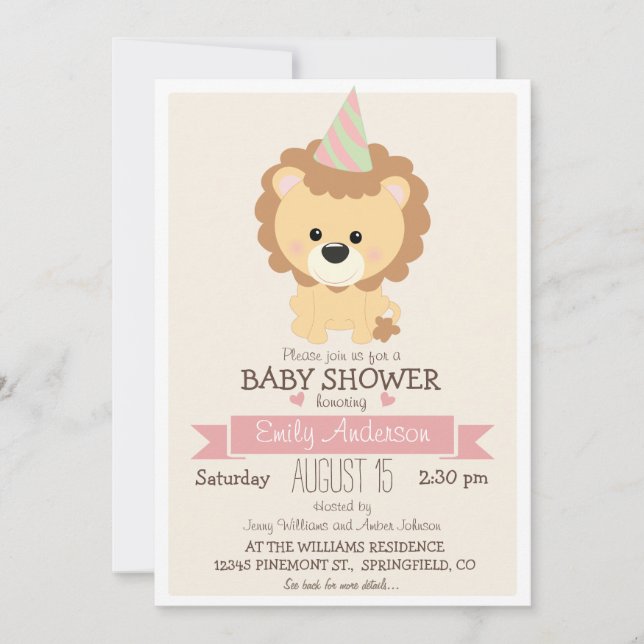 Invitación León Chica lindo, Baby Shower animal zoológico jun (Anverso)