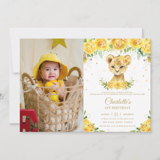 Invitación León Club Amarillo Floral Oro Primer Cumpleaños Fo (Anverso)