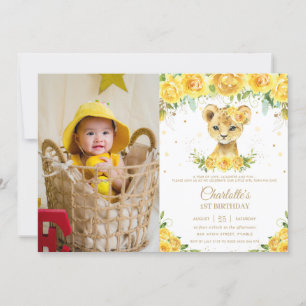 Invitación León Club Amarillo Floral Oro Primer Cumpleaños Fo