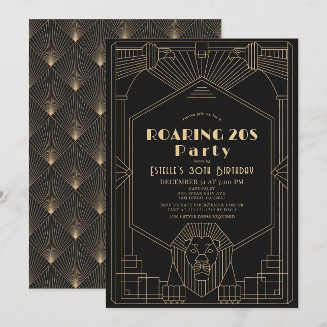 Invitación León de Gatsby de Art Deco de 1920 rugiendo cumple (Anverso / Reverso)